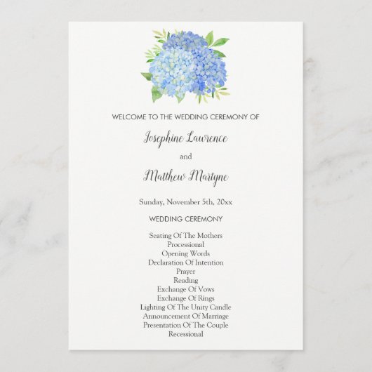 Blue Hydrangea Flowers Foliage Wedding Programmakaart (Voorkant)