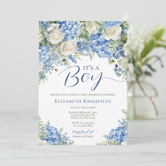 Blue Hydrangea Flowers Het is een Boy Baby shower Kaart (Staand voorkant)