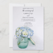 Blue Hydrangea Flowers in Glass Jar Vase Wedding Kaart (Voorkant)