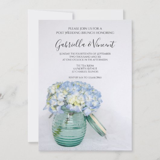 Blue Hydrangea Flowers in Jar Post Wedding Brunch Kaart (Voorkant)