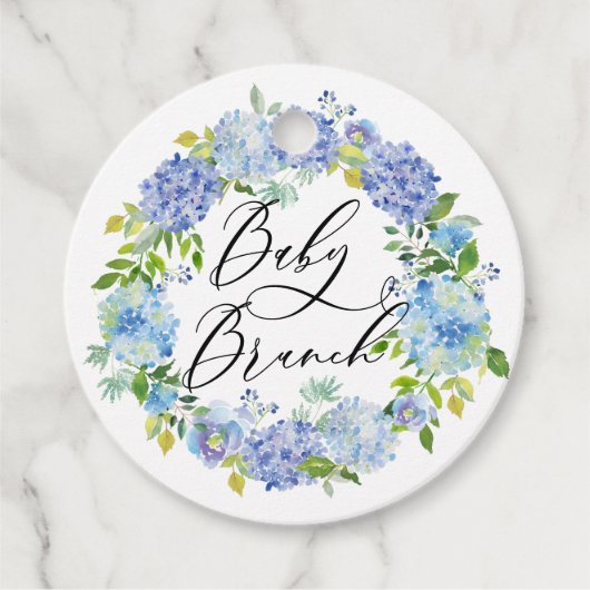 Blue Hydrangea Flowers Krans Baby Brunch Bedankjes Labels (Voorkant)