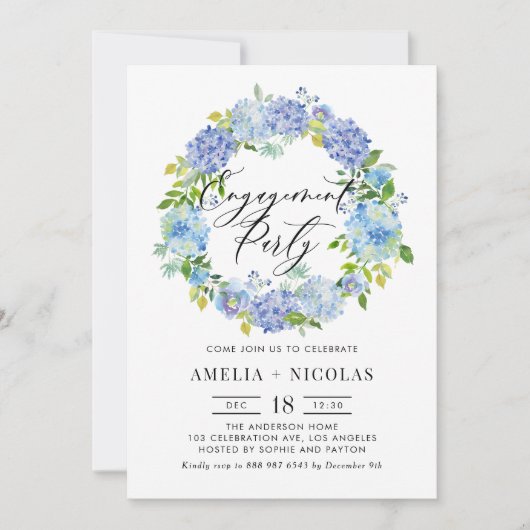 Blue Hydrangea Flowers Krans Engagement Party Kaart (Voorkant)