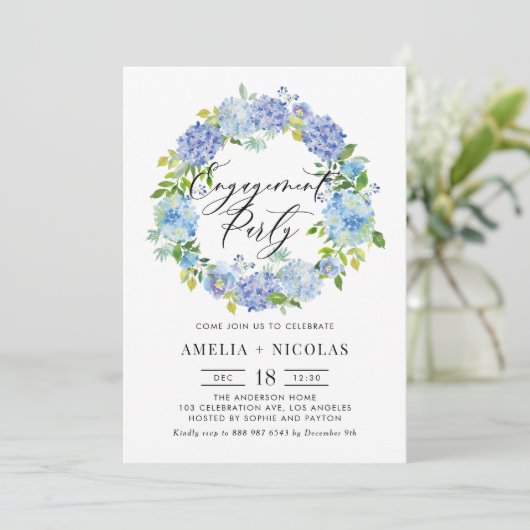 Blue Hydrangea Flowers Krans Engagement Party Kaart (Staand voorkant)