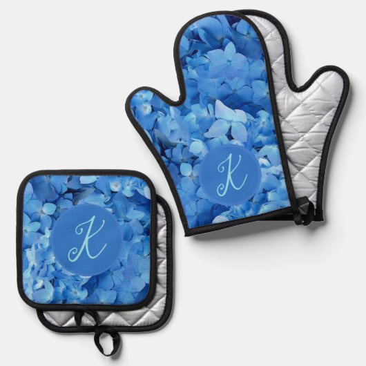 Blue Hydrangea Flowers Monogram Ovenwant & Pannenlap Set (Voorkant / Achterkant)