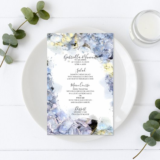 Blue Hydrangea Flowers Waterverf Wedding Menu