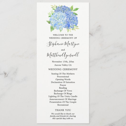 Blue Hydrangea Flowers Waterverf Wedding Programmakaart (Voorkant)