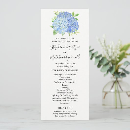 Blue Hydrangea Flowers Waterverf Wedding Programmakaart (Staand voorkant)