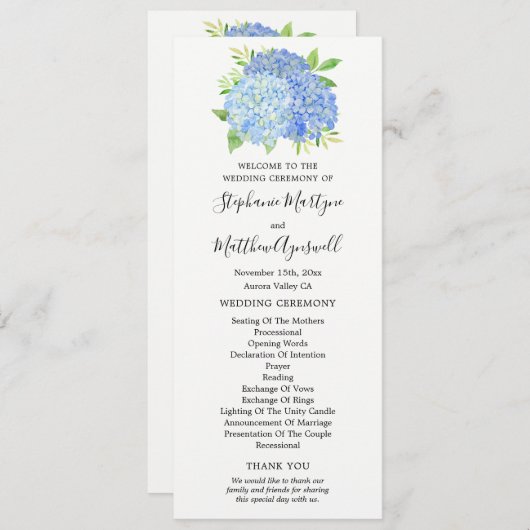 Blue Hydrangea Flowers Waterverf Wedding Programmakaart (Voorkant / Achterkant)