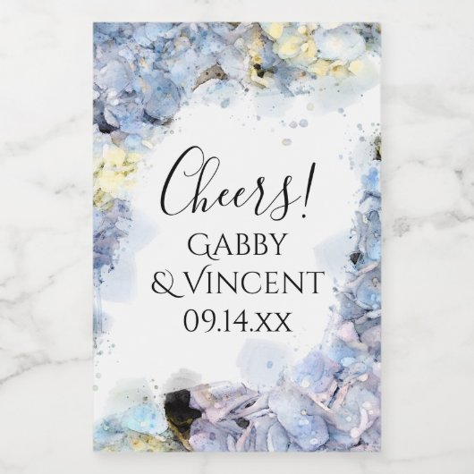 Blue Hydrangea Flowers Waterverf Wedding Wijn Etiket (Enkel label)