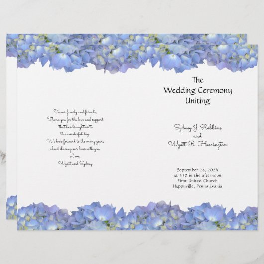 Blue Hydrangea Flowers Wedding Program Sjabloon (Voorkant / Achterkant)