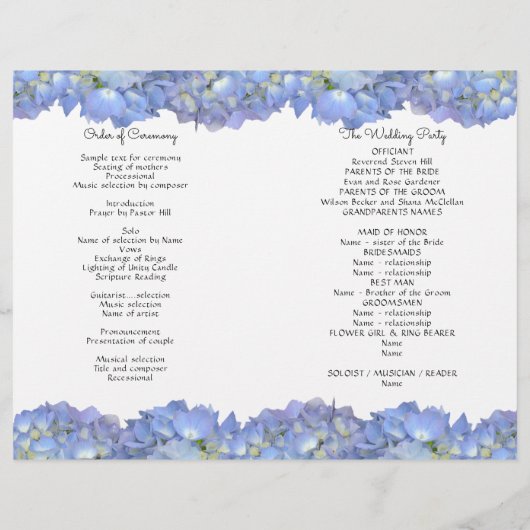 Blue Hydrangea Flowers Wedding Program Sjabloon (Achterkant)