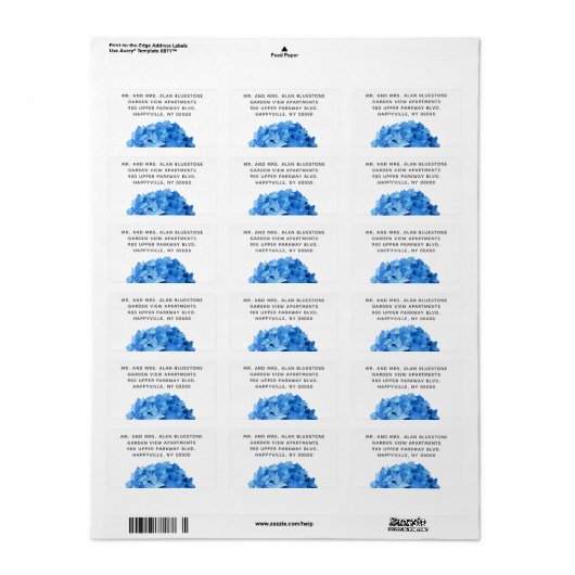 Blue Hydrangea Flowers Wide Adresetiketten Etiket (Full Sheet)
