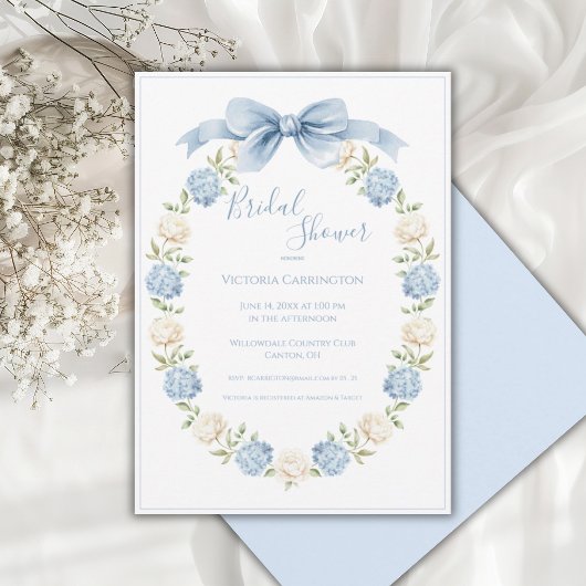 Blue Hydrangea Frame Elegant Bow Bridal Shower  Kaart