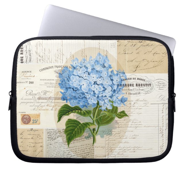  Blue Hydrangea French Ephemera Laptop Bag Sleeve (Voorkant)
