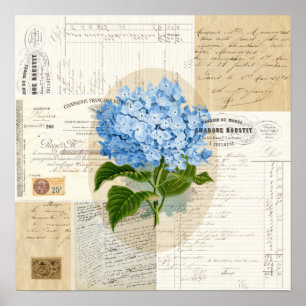  Blue Hydrangea French Ephemera Print Postr