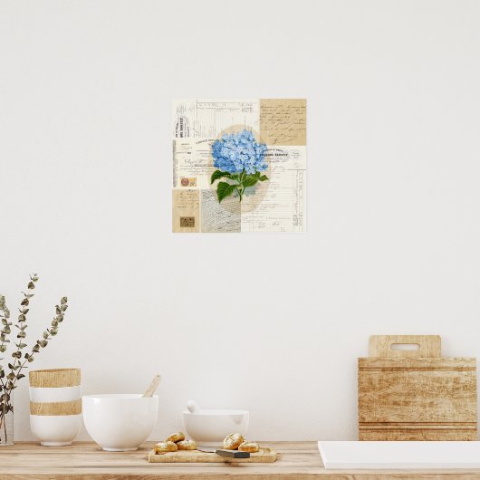 Blue Hydrangea French Ephemera Print Postr (Keuken)