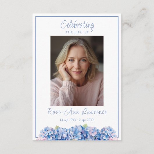 Blue Hydrangea Funeral Memorial Prayer Card Informatiekaartje (Voorkant)