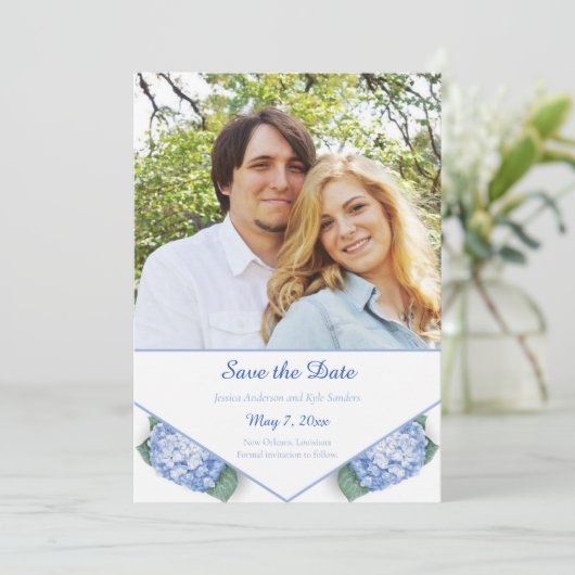 Blue Hydrangea Garden Photo Save The Date (Staand voorkant)