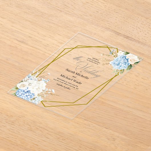 Blue Hydrangea Geometric Wedding Acryl Uitnodigingen (Laagn)