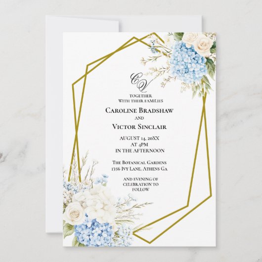 Blue Hydrangea Geometric Wedding Invitation Kaart (Voorkant)