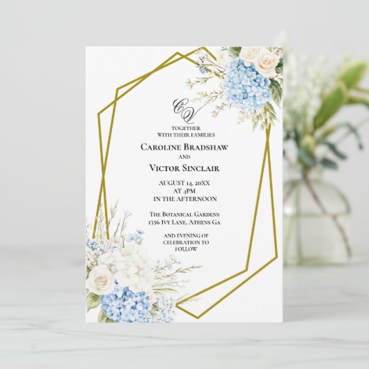Blue Hydrangea Geometric Wedding Invitation Kaart (Staand voorkant)