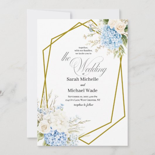 Blue Hydrangea Geometric Wedding Invitation Kaart (Voorkant)