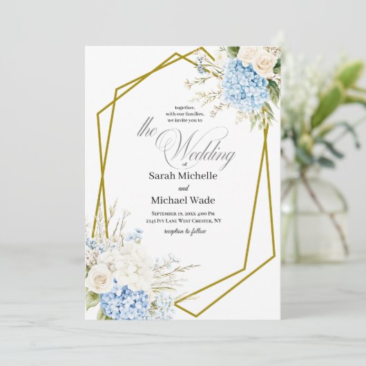 Blue Hydrangea Geometric Wedding Invitation Kaart (Staand voorkant)