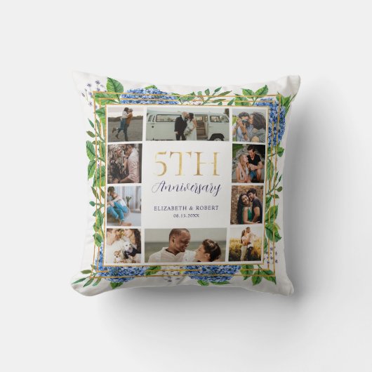 Blue Hydrangea Gold 5e Jubileum Fotocollage Kussen (Voorkant)