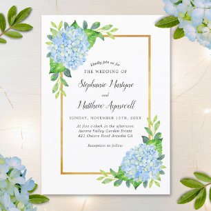 Blue Hydrangea Gold Border Waterverf Wedding Kaart