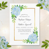 Blue Hydrangea Gold Border Waterverf Wedding Kaart