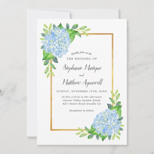 Blue Hydrangea Gold Border Waterverf Wedding Kaart (Voorkant)
