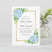 Blue Hydrangea Gold Border Waterverf Wedding Kaart (Staand voorkant)