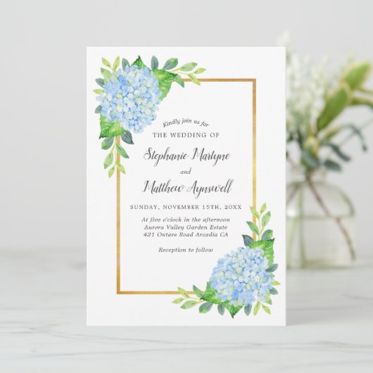 Blue Hydrangea Gold Border Waterverf Wedding Kaart (Staand voorkant)