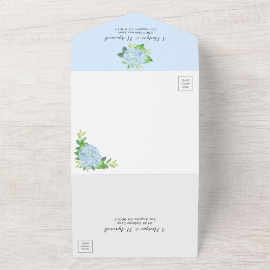 Blue Hydrangea Gold Border Wedding All In One Uitnodiging (Buitenkant)