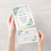 Blue Hydrangea Gold Border Wedding All In One Uitnodiging (Afscheurbaar)