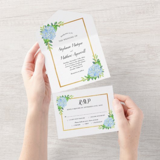 Blue Hydrangea Gold Border Wedding All In One Uitnodiging (Afscheurbaar)