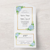 Blue Hydrangea Gold Border Wedding All In One Uitnodiging (Binnen)