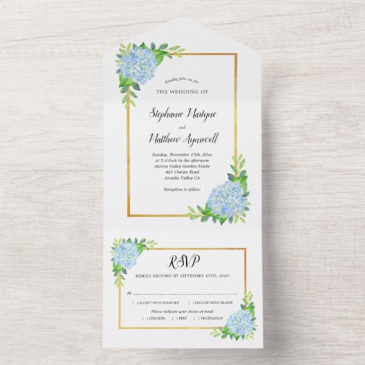 Blue Hydrangea Gold Border Wedding All In One Uitnodiging (Binnen)