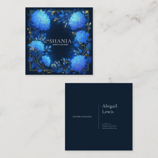Blue Hydrangea Gold Celestial Frame Midnight Vierkante Visitekaartje (Voorkant / Achterkant)