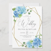 Blue Hydrangea Gold QR Code All in One Wedding Kaart (Voorkant)