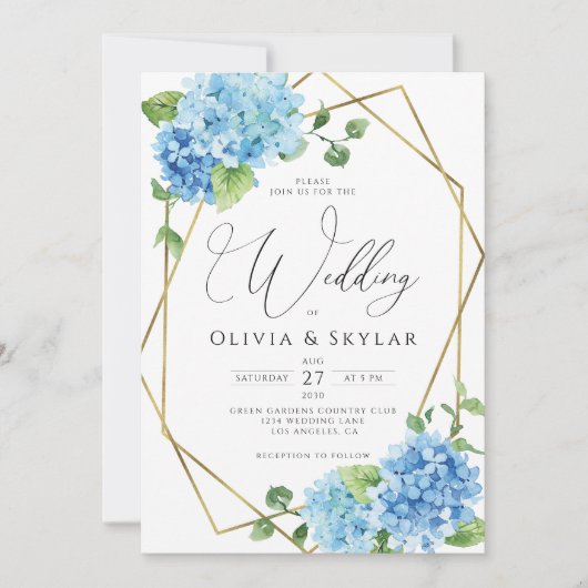 Blue Hydrangea Gold QR Code All in One Wedding Kaart (Voorkant)