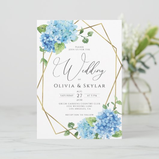 Blue Hydrangea Gold QR Code All in One Wedding Kaart (Staand voorkant)