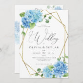 Blue Hydrangea Gold QR Code All in One Wedding Kaart (Voorkant / Achterkant)