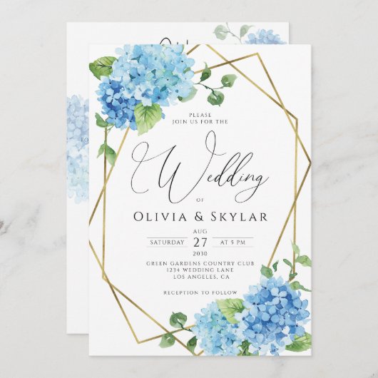 Blue Hydrangea Gold QR Code All in One Wedding Kaart (Voorkant / Achterkant)