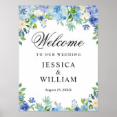 Blue Hydrangea Greenery Chic Wedding Welcome Poster (Voorkant)
