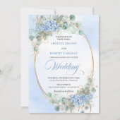 Blue Hydrangea Greenery Gold Oval Wedding Invite Kaart (Voorkant)