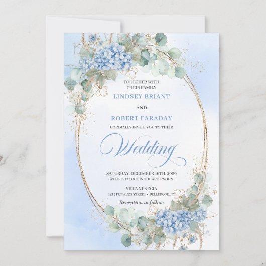 Blue Hydrangea Greenery Gold Oval Wedding Invite Kaart (Voorkant)