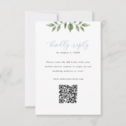 Blue Hydrangea Greenery QR Code Beantwoorden Verti RSVP Kaartje (Voorkant)