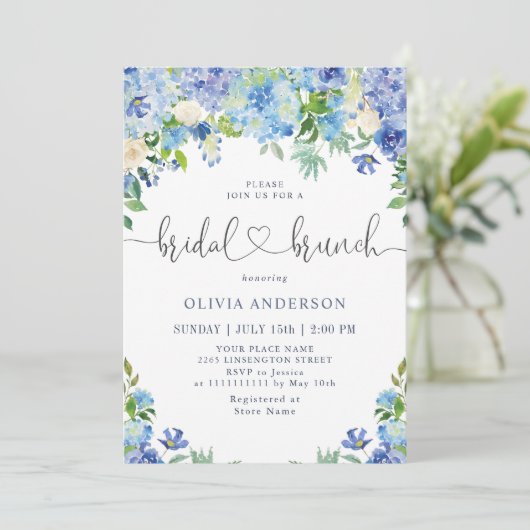 Blue Hydrangea Greenery Waterverf Bridal Brunch Kaart (Staand voorkant)