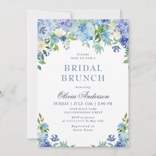 Blue Hydrangea Greenery Waterverf Bridal Brunch Kaart (Voorkant)